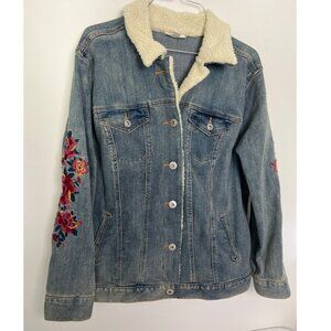 Style & Co Denim Trucker Jacket Sherpa Lined Floral Embroidered Sleeves PL Jean